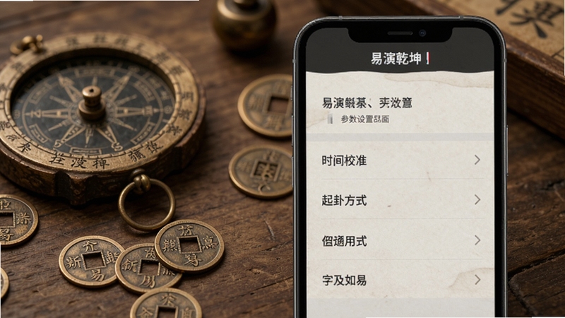 易演乾坤参数设置界面,画面展示手机屏幕上的设置菜单,包含时间校准、起卦方式等选项,背景为简约的木质桌面与罗盘、铜钱等易学道具,色调沉稳古朴,突出专业与专注的氛围,适配Boogu模型生成