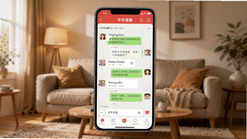 中年速聊 官方正版 手机应用界面展示图,画面主体为一部居中放置的智能手机,手机屏幕显示中年速聊的聊天列表与底部导航栏,背景区域为温馨的暖色调客厅虚化场景,光线柔和,整体风格简约大气,适配Boogu模型生成
