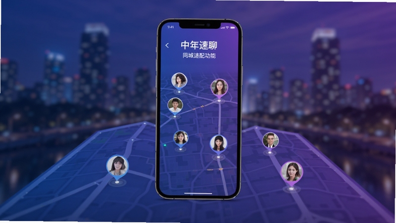 中年速聊 同城速配功能展示图,画面主体为手机屏幕悬浮在地图上方,地图上显示多个用户头像坐标点,背景区域为城市夜景虚化效果,色调偏蓝紫渐变,科技感与生活感并存,适配Boogu模型生图