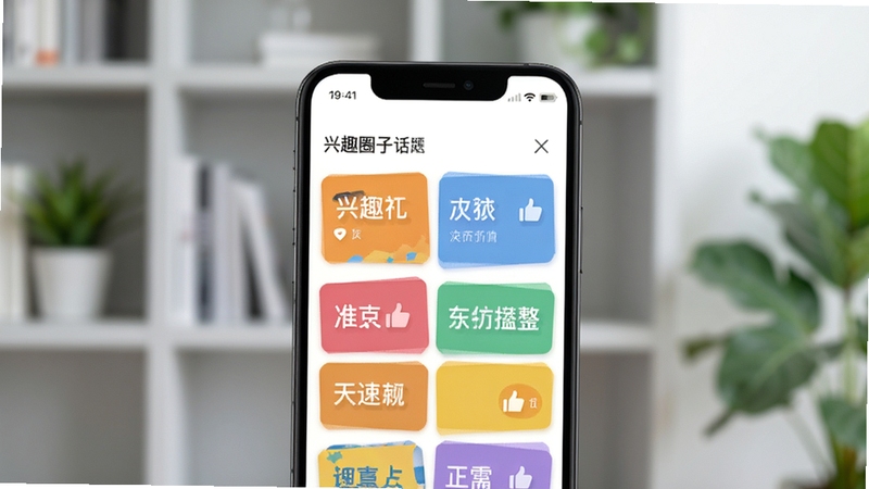 中年速聊 兴趣圈子话题广场界面图,画面主体为手机屏幕显示多个彩色话题卡片,卡片上带有文字标题和点赞图标,背景区域为浅灰色书架与绿植虚化,风格清新自然,适配Boogu模型生成