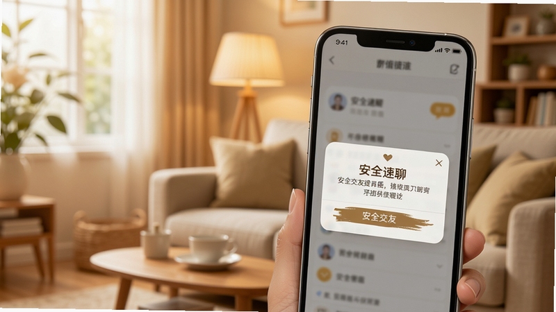 中年速聊 安全交友提示图,画面主体为手机屏幕显示安全提醒弹窗,背景区域为温馨的家庭客厅一角,色调温暖明亮,突出安全与信任感,适配Boogu模型生图