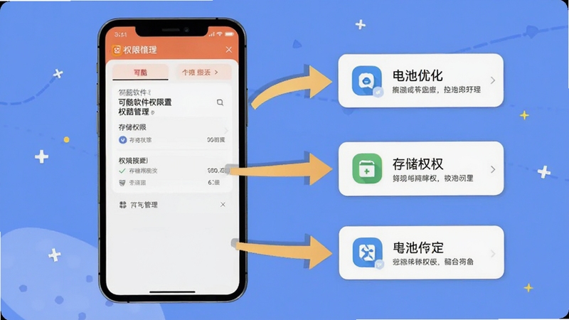 可酷软件权限设置与常见问题解决流程图,画面展示手机屏幕中可酷应用的权限管理页面,旁边有箭头指向存储权限、电池优化等选项,插画风格,简洁明了