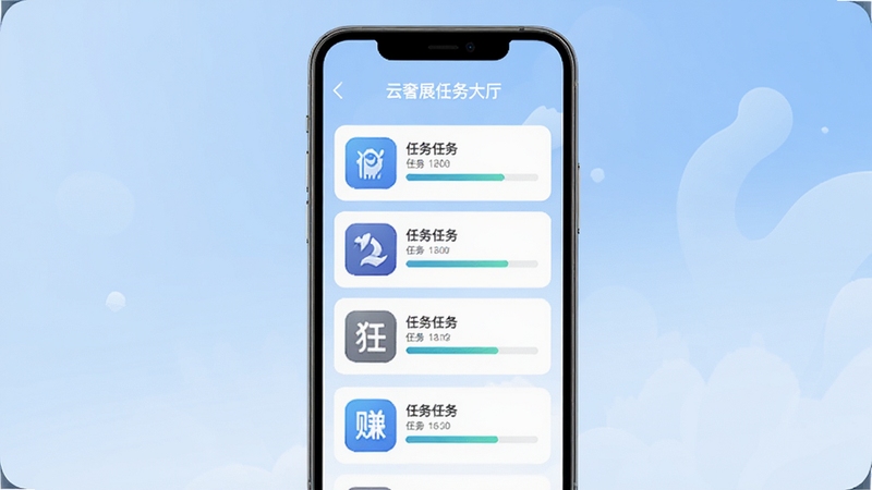 云奢展任务大厅界面,手机屏幕中央展示任务列表卡片,每张卡片带有图标与进度条,背景为浅蓝色渐变,整体风格清爽简约,突出任务赚钱主题