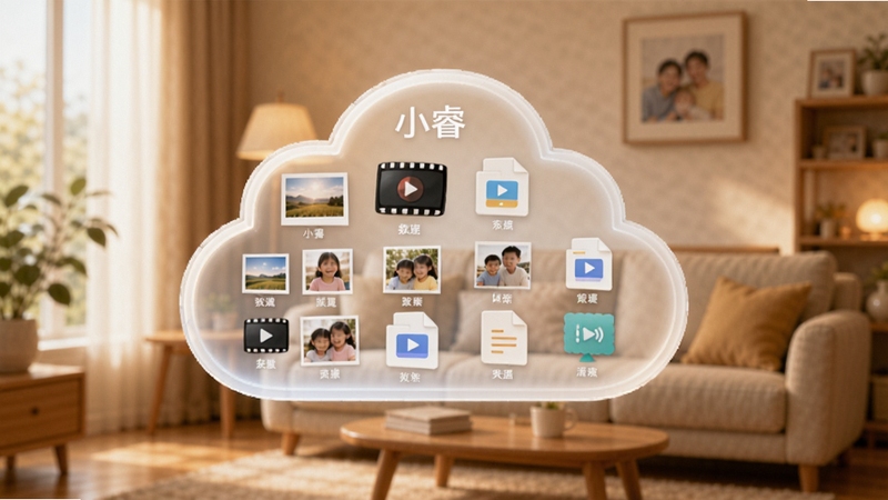 小睿在线家庭云盘集中管理界面,画面主体为悬浮在空中的云朵形状存储舱,内部整齐排列照片、视频、文档图标,背景区域是温馨的家庭客厅虚化场景,色彩柔和温暖,体现小睿在线让家庭数据井然有序的特点