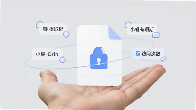 小睿在线轻量分享与权限控制功能展示,画面主体为一只手掌托起带有锁形图标的文件卡片,卡片周围环绕提取码、有效期、访问次数等小标签,背景区域为干净的浅灰色,整体风格偏向安全与便捷,体现小睿在线分享可控的特点