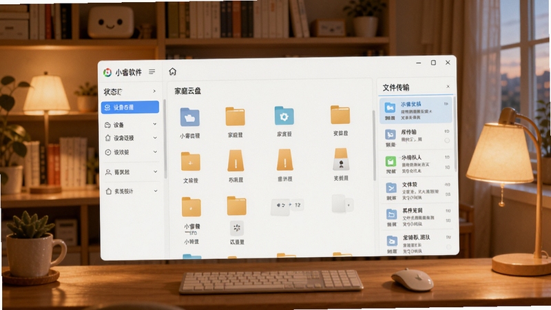 小睿在线软件主界面全景展示,画面中央为家庭云盘文件管理面板,左侧为设备连接状态栏,右侧为文件传输队列,背景为温馨家庭书房环境,暖色调灯光,界面清爽简洁,突出小睿在线核心功能全貌,适合Boogu模型生成