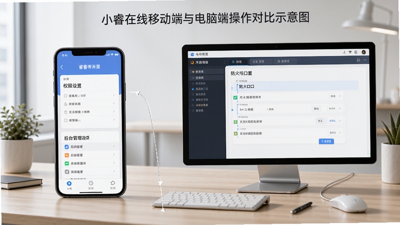 小睿在线移动端与电脑端操作对比示意图,左侧为手机界面显示权限设置与后台管理选项,右侧为电脑界面展示防火墙端口配置,背景为简洁办公桌面,突出设备适配与问题排查场景