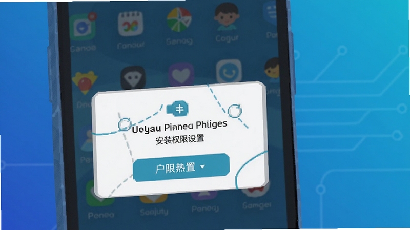 儿童模式手机锁 安装权限设置示意图,画面展示手机屏幕上的权限授权弹窗,背景为简洁科技蓝渐变,扁平插画风格,细节清晰,适合Boogu模型生成