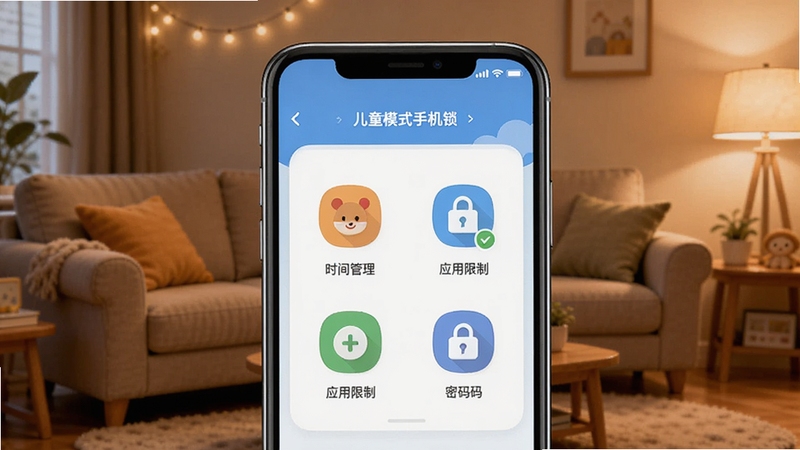 ��ͯģʽ�ֻ�����������ȫòչʾ����������Ϊ�ֻ���Ļ����ͼ����Ļ�ڳ��ֶ�ͯģʽ�ֻ�����������壬�������ʱ�������Ӧ�����ơ���������ͼ�꣬��������Ϊ��ܰ�ļ�ͥ�������������ůɫ�����ߣ���ƽ��UI��Ʒ�񣬸���ϸ�ڣ�����Booguģ������