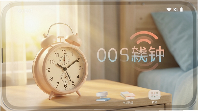 智能闹钟时钟 安卓手机界面 清晨阳光 闹钟渐强响铃 简洁桌面 软件名称醒目 柔和色调