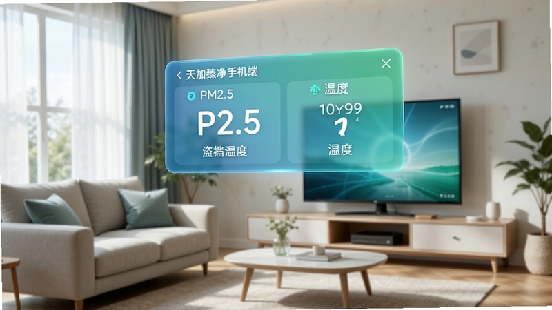 天加臻净手机端空气质量监测界面,客厅场景中悬浮显示PM2.5与温湿度数据面板,清新蓝绿色调,简洁科技风格