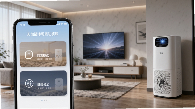 天加臻净场景联动功能展示,手机屏幕呈现回家模式与睡眠模式卡片,背景为现代家居客厅与净化设备