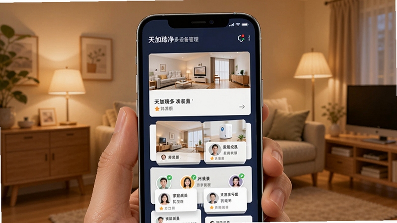 天加臻净多设备管理界面,手机屏幕展示多个房间设备卡片,家庭成员头像显示共享权限,温馨家居氛围