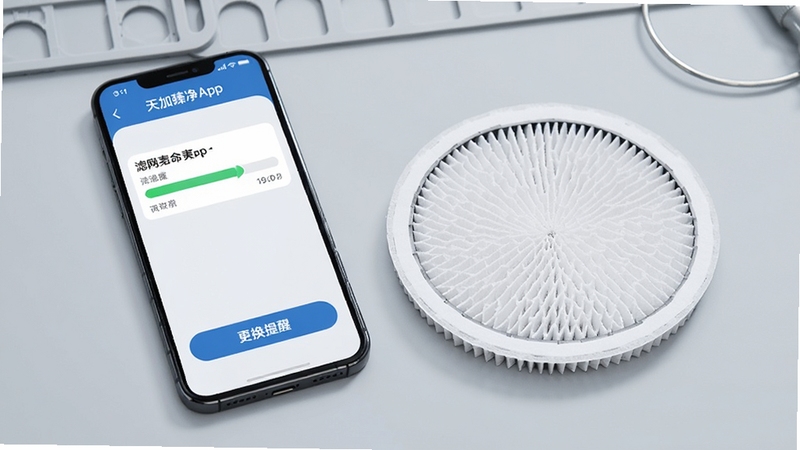 天加臻净App的滤网管理页面,显示滤网寿命进度条和更换提醒按钮。手机旁边放置着一块崭新的圆形滤网实物,背景是干净的浅灰色工作台,整体构图简洁,突出维护提醒功能,高清产品摄影风格。