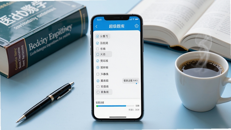 ��������һ�������ֻ�����չʾ�������APP��ˢ����棬��Ļ��������ʾѡ����ѡ������������������Ϊǳ��ɫ������鷿���棬������ɢ�伸�����ص�ҽѧ���Խ̲ĺ�һ֧ǩ�ֱʣ��Ҳ�һ��ð�������Ŀ��ȣ��������������������дʵϸ�壬ͻ������ѧϰ��Χ