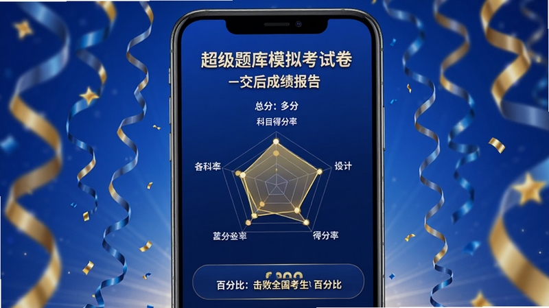 �������ģ�⿼�Խ�����ĳɼ�����ҳ�棬�ֻ���Ļ��ʾ�ܷ֡�����Ŀ�÷����״�ͼ�Լ�����ȫ�������İٷֱȣ�����Ϊ��ף�ʴ�Ʈ��Ķ�̬Ч��������ɫ������ɫ�ͽ�ɫΪ����Ӫ�쿼��ͨ����ϲ����ɾ͸�