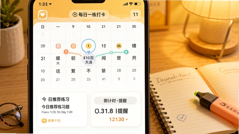 �������APP��ÿ��һ���򿨽��棬������ͼ�ϱ��������ǩ���������·���ʾ�����Ƽ���ϰ�⿨Ƭ�͵���ʱ���ѣ�����Ϊ��ܰ��ů��ɫ������������һ�������ıʼǱ���һ֧ӫ��ʣ������Χ��������