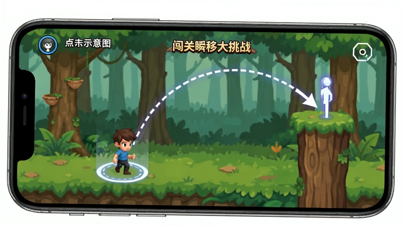 闯关瞬移大挑战新手操作示意图,手机屏幕显示点击瞬移的落点预判虚线,角色与目标平台之间出现弧形轨迹,背景为森林主题关卡