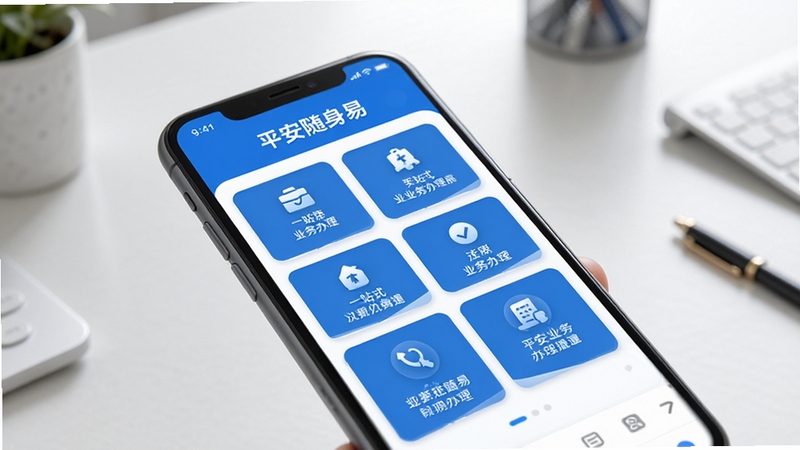 平安随身易 一站式业务办理界面展示,手机屏幕中卡片式功能入口排列整齐,蓝色主色调,背景为简洁办公桌面,柔和光线,高清细节