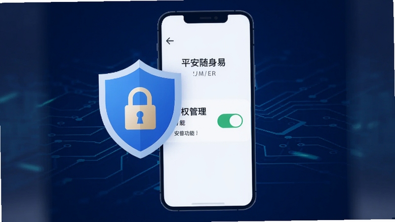 平安随身易 安全防护功能示意,盾牌图标与加密锁元素结合,手机界面显示权限管理开关,深蓝色科技感背景,简洁扁平化风格