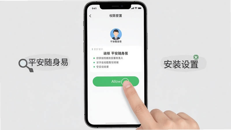 平安随身易 安装设置界面,手机显示权限管理页面,用户手指点击允许按钮,背景为浅灰色,界面清晰,教学风格