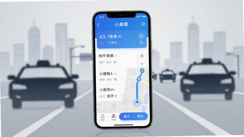 小兰约车司机端手机应用主界面展示,画面中央是一部竖屏智能手机,屏幕显示订单列表与地图导航融合的接单大厅界面,背景为城市道路与出租车轮廓的虚化剪影,整体色调以蓝色和白色为主,突出科技感与出行服务氛围,画面主体坐标居中偏上,背景区域为浅灰色渐变与道路线条纹理