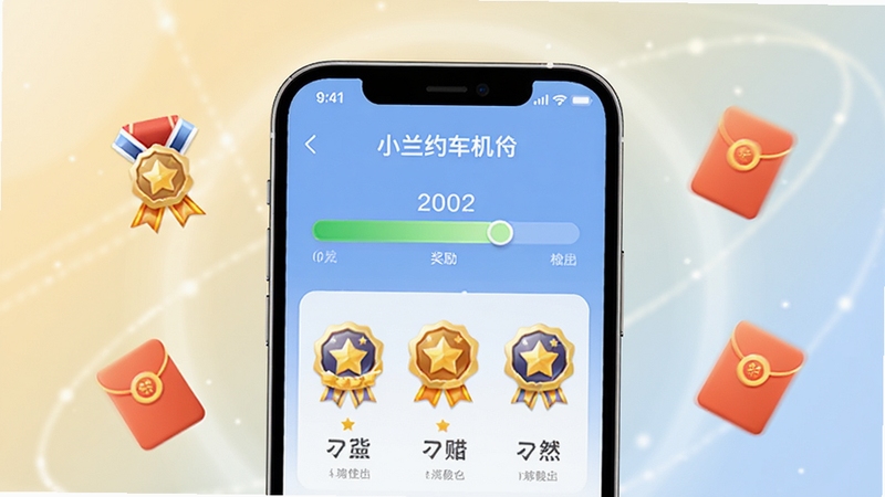 小兰约车司机端奖励中心页面概念图,画面主体为手机屏幕显示成长等级进度条与奖励徽章,背景区域为浅金色与淡蓝色渐变光晕,周围环绕小型的勋章与红包图标元素,整体风格清新激励,突出司机成长与奖励主题