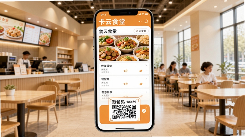 和卡云食堂手机应用主界面,画面中央展示清晰的食堂菜单列表与取餐码,背景为明亮整洁的现代食堂环境,整体色调清新温暖,突出便捷点餐与智慧餐饮氛围,适合作为软件下载站预览图