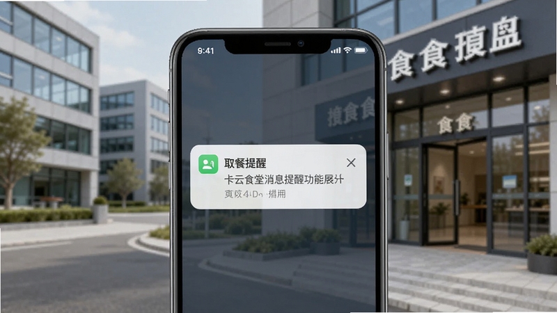 和卡云食堂消息提醒功能展示,画面中手机屏幕弹出取餐提醒通知,背景为办公园区与食堂入口,风格简洁商务,强调实用提醒功能