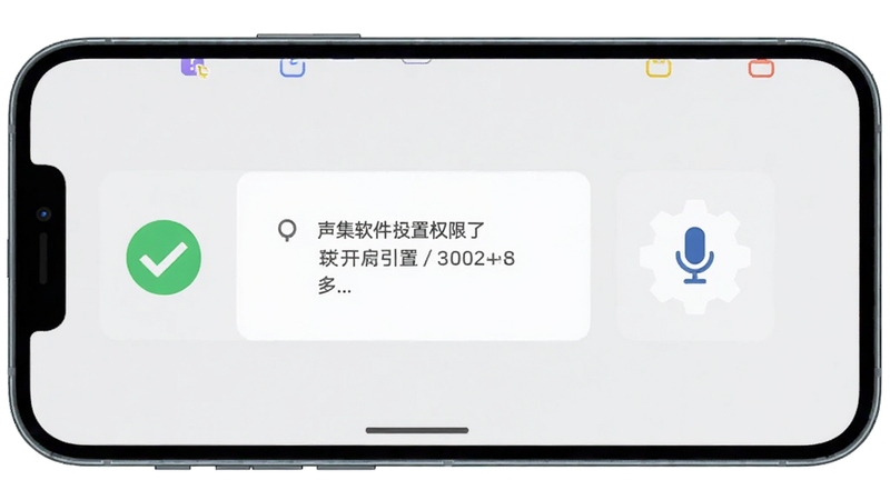 声集软件新手设置引导界面,手机屏幕显示权限开启提示与麦克风图标,背景为浅灰色极简风格,画面中包含对勾与设置齿轮元素,适配Boogu模型生成