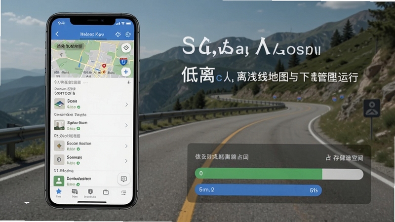 高清地图导航精准离线地图下载管理界面,手机屏幕展示已下载城市列表与存储空间占用条,背景为户外山区公路,画面传达离线地图与低流量运行的产品优势