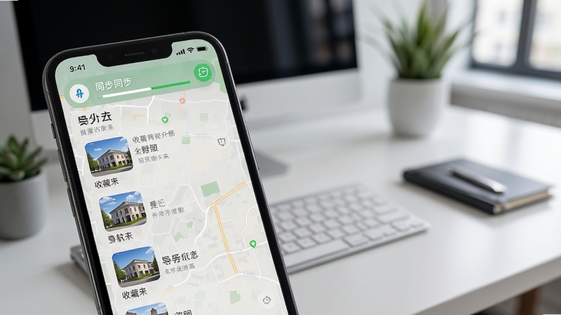 高清地图导航精准收藏夹与多端同步界面,手机屏幕显示分组地点列表与同步进度图标,背景为简洁的办公桌面环境,体现多端同步与收藏夹管理功能