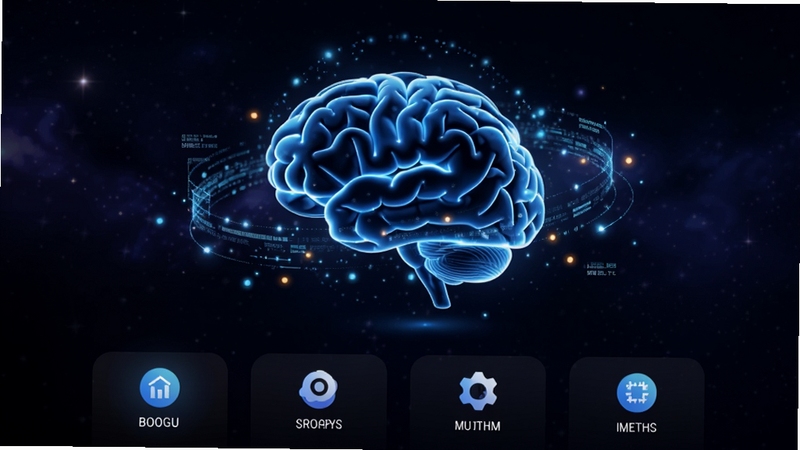 脑力幻影疾速应用主界面预览图,画面中央展示一个充满科技感的蓝色大脑轮廓,周围环绕着光点与数据流,背景为深色渐变星空,界面底部排列着四个功能入口图标,整体风格简洁明快,适配Boogu模型生成,主体大脑位于画面正中央偏上区域,背景占画面三分之二面积