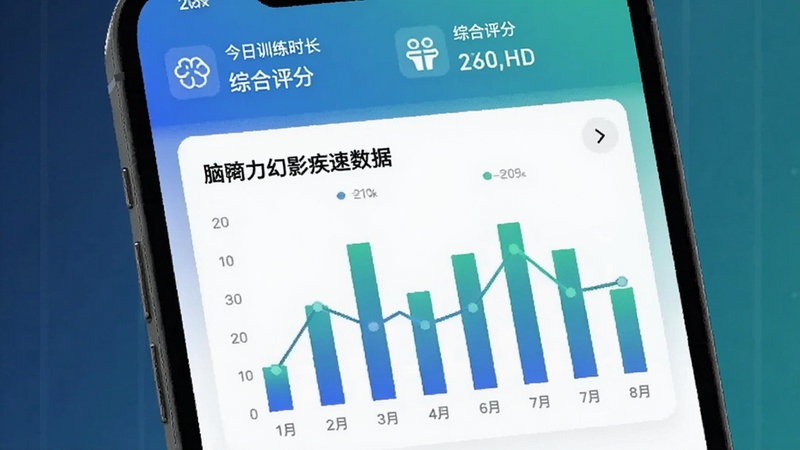 脑力幻影疾速数据统计面板,画面展示手机屏幕内柱状图与折线图组合,图表颜色以蓝绿渐变为主,背景为白色卡片式布局,顶部显示今日训练时长与综合评分,适配Boogu模型生成