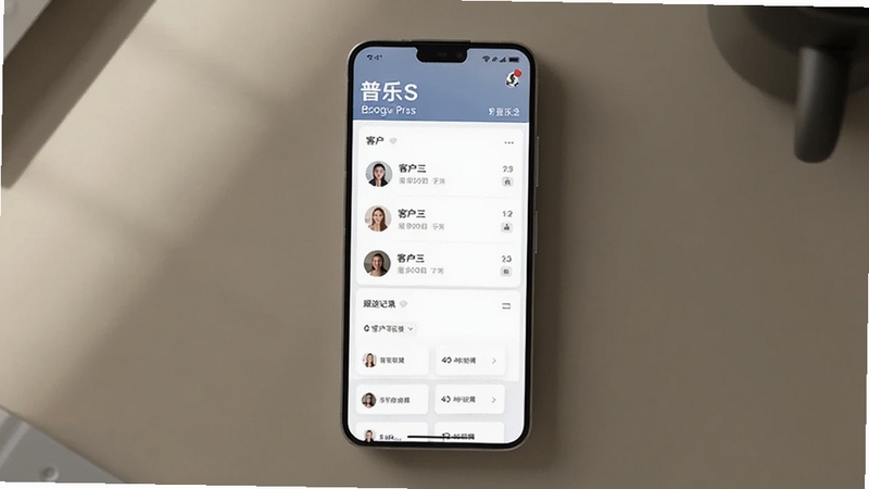 画面中央展示一部竖屏安卓手机,屏幕内呈现普乐斯客户管理界面,包含客户列表与跟进记录卡片,背景为暖灰色办公桌面,柔和自然光从左上角照射,整体风格简洁商务,适配Boogu模型生成,突出普乐斯软件全貌