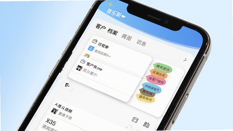 普乐斯软件界面特写,展示客户档案卡片与彩色标签分类,手机屏幕清晰明亮,背景为浅蓝色渐变,画面干净清爽,体现普乐斯客户管理功能