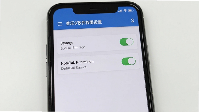 普乐斯软件权限设置界面截图,手机屏幕显示存储与通知权限开关,背景为纯白色桌面,光线均匀,画面清晰展示操作步骤