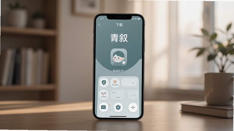 青叙 下载 软件主界面 青灰色调 手机屏幕展示 私密社交应用 安静氛围 桌面壁纸风格 居中构图 背景为柔和模糊的室内光影
