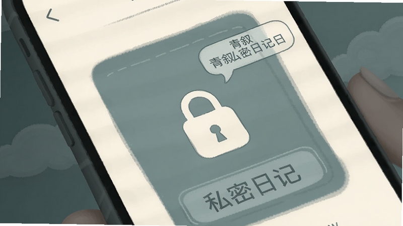 青叙 私密日记本 锁形图标 柔和光线 手机界面 文字气泡 个人空间 极简插画风格 青灰色与米白色搭配 背景有淡淡的云朵纹理