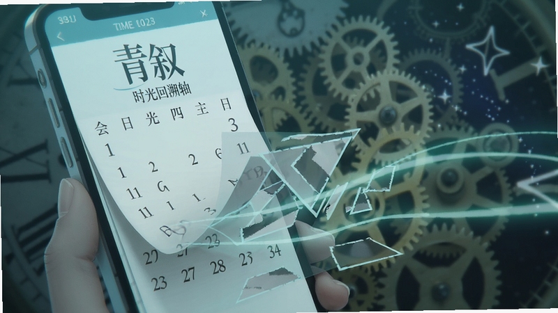 青叙 时光回溯轴 日历翻页 记忆碎片 发光线条 手机屏幕 时间流逝感 半透明图层叠加 青蓝色调 背景为模糊的钟表齿轮与星辰