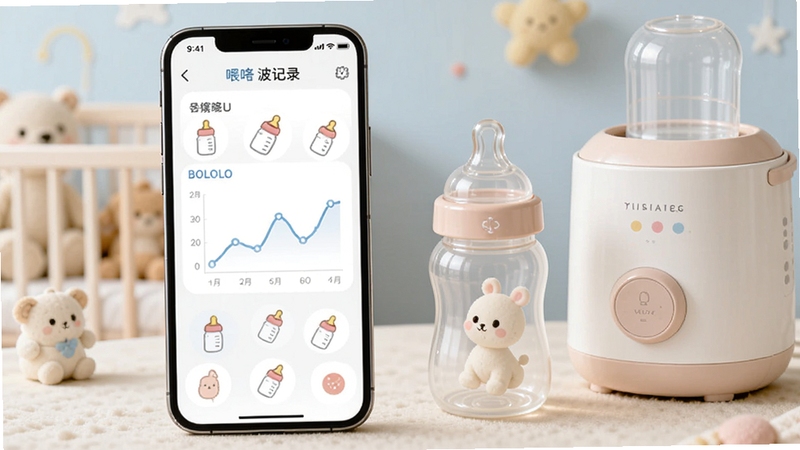 手机屏幕显示BOLOLO波咯咯喂养记录界面,有折线统计图和可爱的奶瓶图标,旁边放着真实的奶瓶和温奶器,背景是柔和的婴儿房色调,整体画面温馨整洁