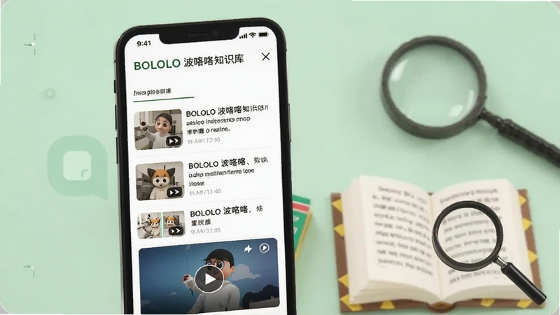 手机屏幕显示BOLOLO波咯咯知识库页面,有文章列表和视频封面,画面中有打开的书本和放大镜元素,背景为浅绿色,整体风格知识感强