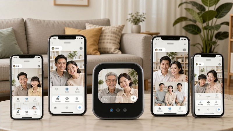 多部手机围绕一个波咯咯智能设备,屏幕上分别显示不同家庭成员的查看界面,背景为家庭客厅场景,有沙发和绿植,画面传递出全家共享的温馨感