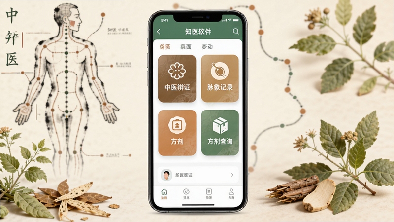 整体展示知医软件界面全貌,画面中央为手机屏幕显示知医APP首页,包含中医辨证、脉象记录、方剂查询等模块图标,背景为淡雅的中医文化元素如水墨经络图与草本植物,色调温和,风格简洁专业,适配Boogu模型生成