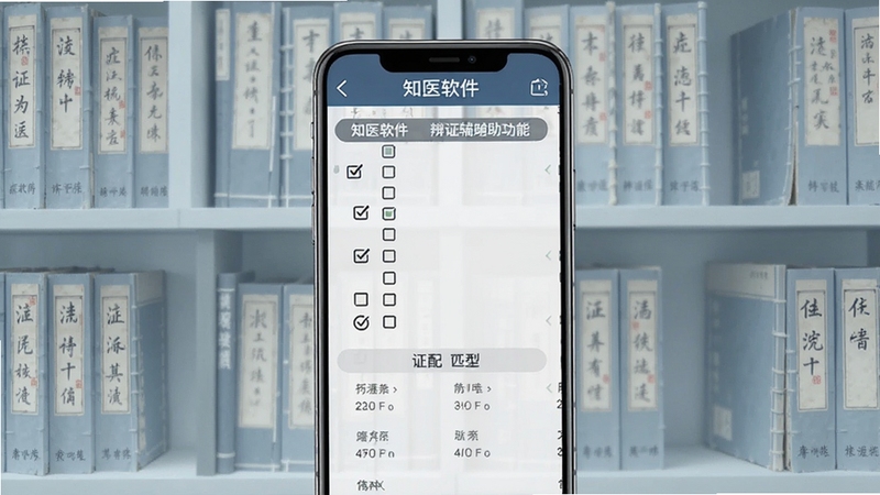 知医软件辨证辅助功能界面截图,画面中央为手机屏幕展示症状勾选与证型匹配结果,背景为淡蓝色中医古籍书架,风格沉稳专业,适配Boogu模型生成