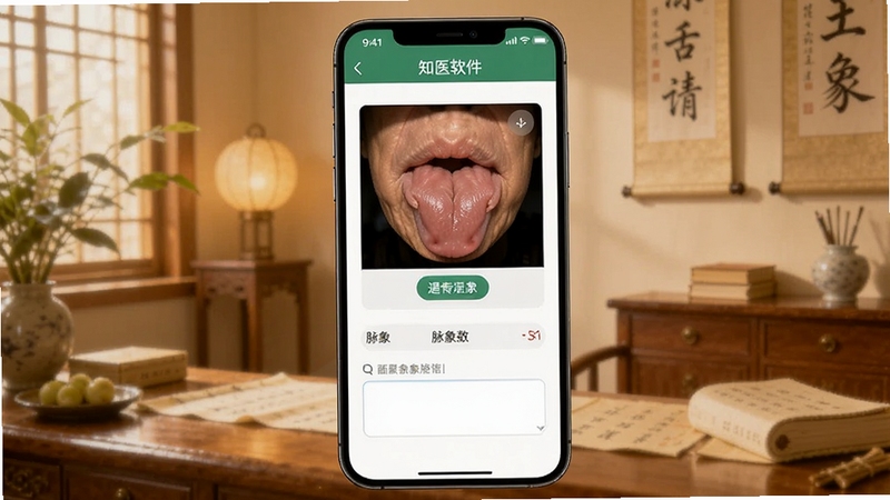 知医软件脉象舌象记录页面,画面中央为手机屏幕显示舌象照片上传区域与脉象描述输入框,背景为暖色调中医诊室环境,风格温馨自然,适配Boogu模型生成
