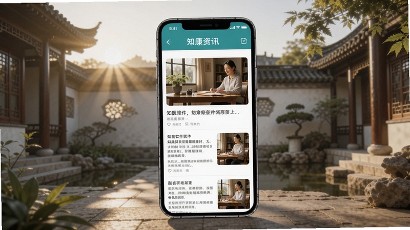 知医软件健康资讯页面,画面中央为手机屏幕展示文章列表与配图,背景为晨光中的中式庭院,风格宁静舒适,适配Boogu模型生成