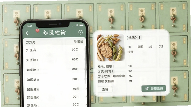 知医软件方剂查询界面,画面中央为手机屏幕展示方剂列表与详情卡片,背景为淡绿色中药百子柜图案,风格清新典雅,适配Boogu模型生成