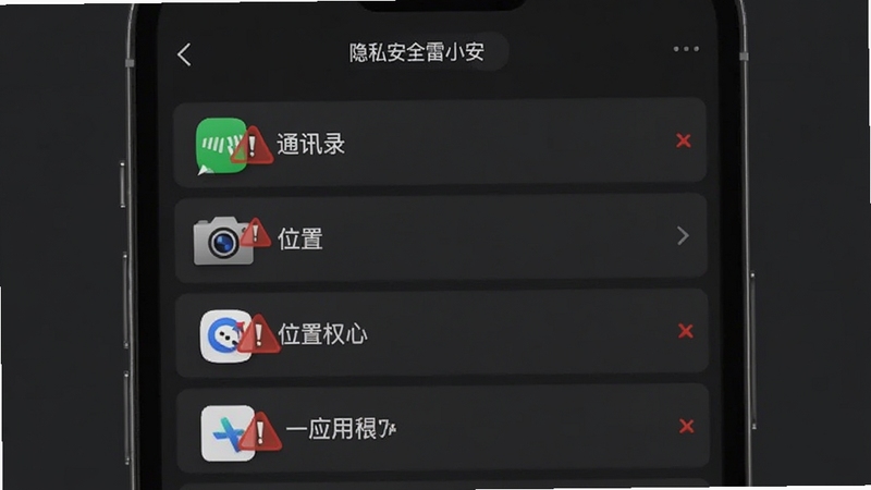 ��С����˽��ȫ��⹦�ܽ��棬����չʾ�ֻ���Ļ���г����Ӧ��Ȩ���嵥��ͨѶ¼��λ�á������ͼ�����к�ɫ��ʾ��ǣ�����Ϊ���ɫ����ɫ�����������Ͻ�רҵ������Booguģ������