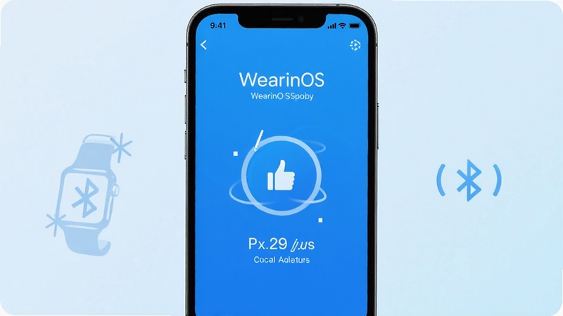WearinOS 一键快速配对界面,手机与智能手表通过蓝牙连接,界面简洁明亮,科技感蓝色调,居中构图,背景为浅色渐变,展示配对成功动画效果
